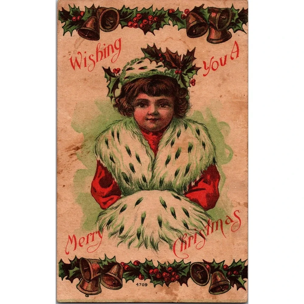 Vintage 1910 Merry Christmas Postcard with Child & Holly Bells